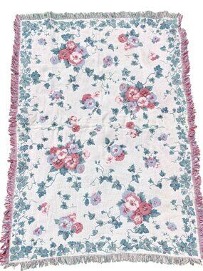 Vintage Woven Floral Tapestry Throw Blanket With Fringe Multi-Color 1980s Style